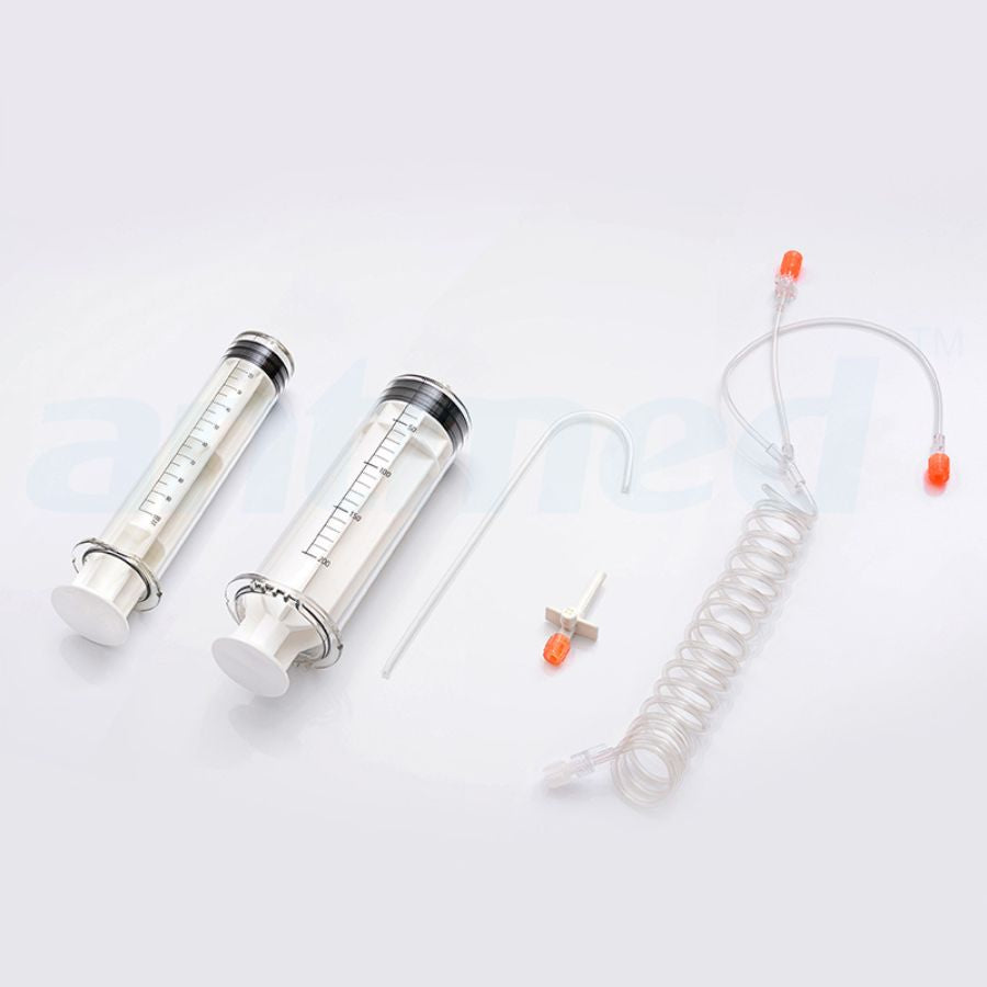 Features<li>One (1) 200 ml syringe.</li><li>One (1) 100 ml syringe.</li><li>One (1) 60" Y coiled tubing with dual check valve.</li><li>Two (2) Quick fill tubes.</li>