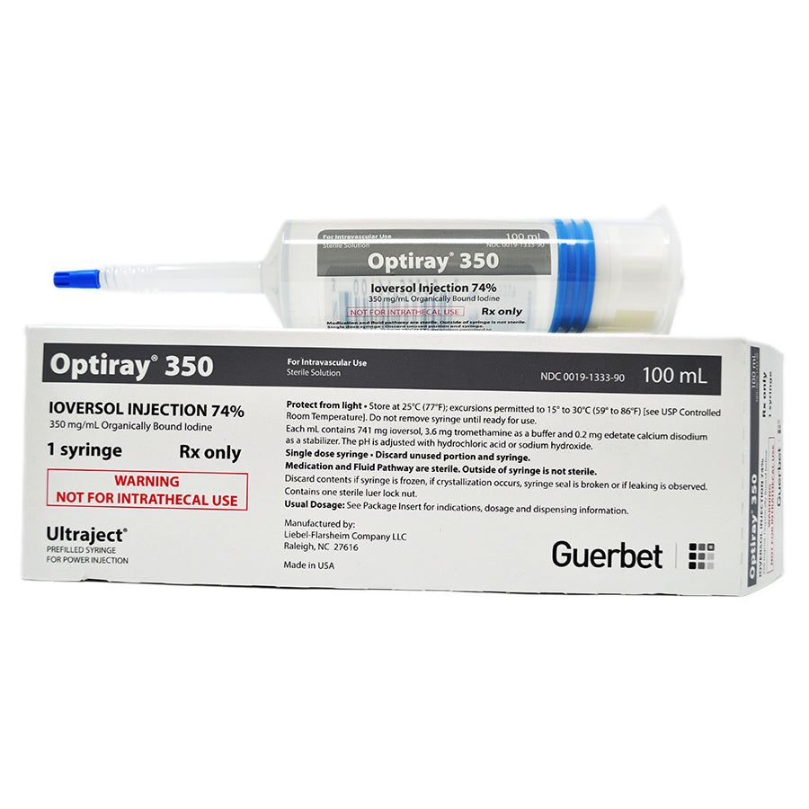 <p>20 x 125mL pre-filled power injector syringes of Optiray 350, a sterile, nonpyrogenic, aqueous solutions intended for intravascular administration as diagnostic radiopaque media contrast agent. This medicine contains iodine, a substance that absorbs x-rays. Contrast agents are used to allow blood vessels, organs, and other non-bony tissues to be seen more clearly on a CT scan or other radiologic (x-ray) examination.</p>