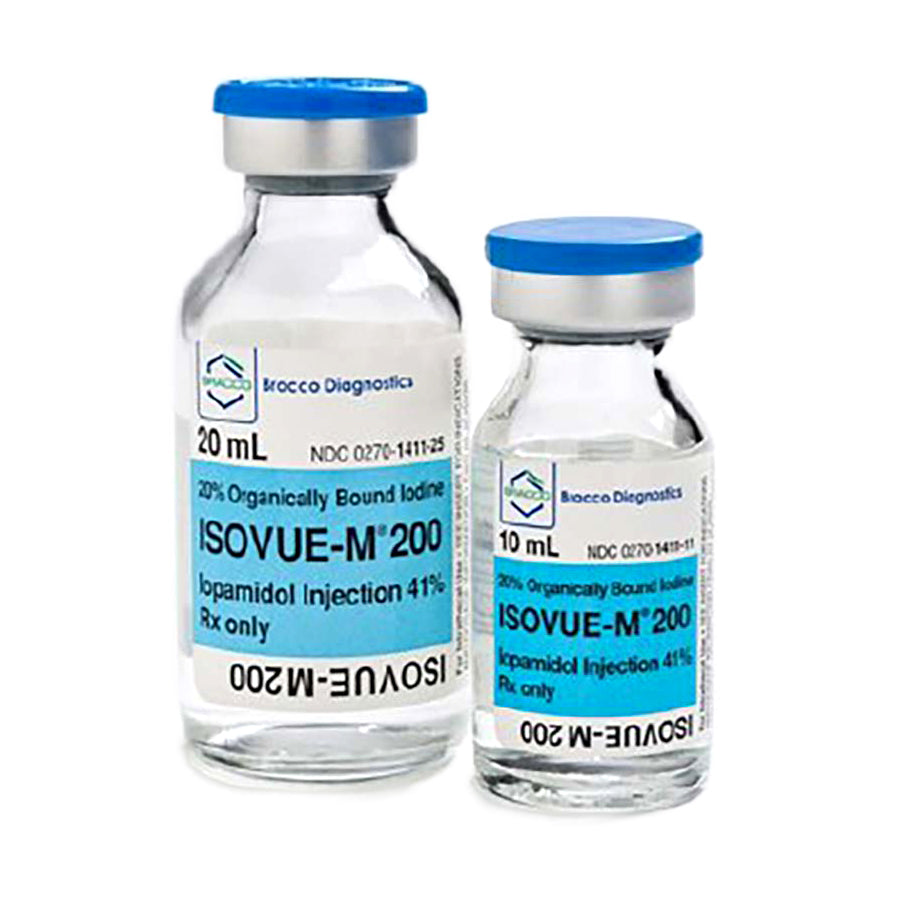 <p>10 x 10mL vials of Bracco Isovue-M 200 Iopamidol 41%, a radiopaque (RAY dee oh payk) contrast agent. This medicine contains iodine, a substance that absorbs x-rays. Radiopaque contrast agents are used to allow blood vessels, organs, and other non-bony tissues to be seen more clearly on a CT scan or other radiologic (x-ray) examination.</p>