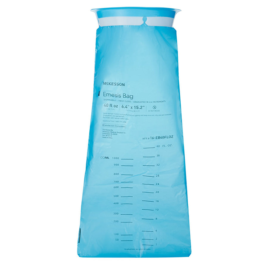 <p><strong>Features</strong> </p><ul><li>McKesson Emesis Bag</li><li>40 fl. oz.</li><li>6.5" x 15" 16.5 cm x 38.1 cm</li><li>Graduated in 4 oz. increments.</li><li>Blue</li><li>Twist Close</li><li>Non-Sterile</li><li>Single Use Only</li><li>Not Made With Natural Rubber Latex.</li></ul>
