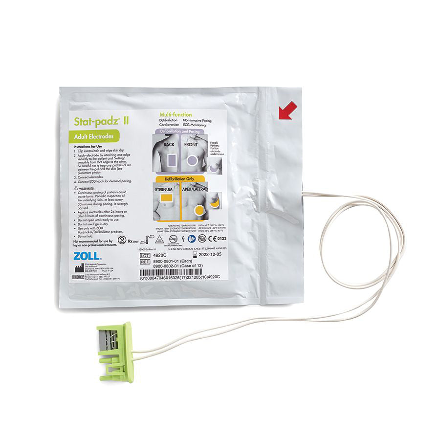 Features<li>ZOLL stat-padz II 2-piece electrode pads are specially designed for use with the ZOLL AED Plus or ZOLL AED Pro® defibrillator.</li><li>Multi-function electrodes with HVP polymer gel and ZOLL guarantees a shelf life of at least 18 - 24 months.</li><li>Please Note: Unlike ZOLL CPR-D padz, Zoll stat-padz II electrode pads do not feature CPR feedback capability (compression depth & pace metronome).</li>