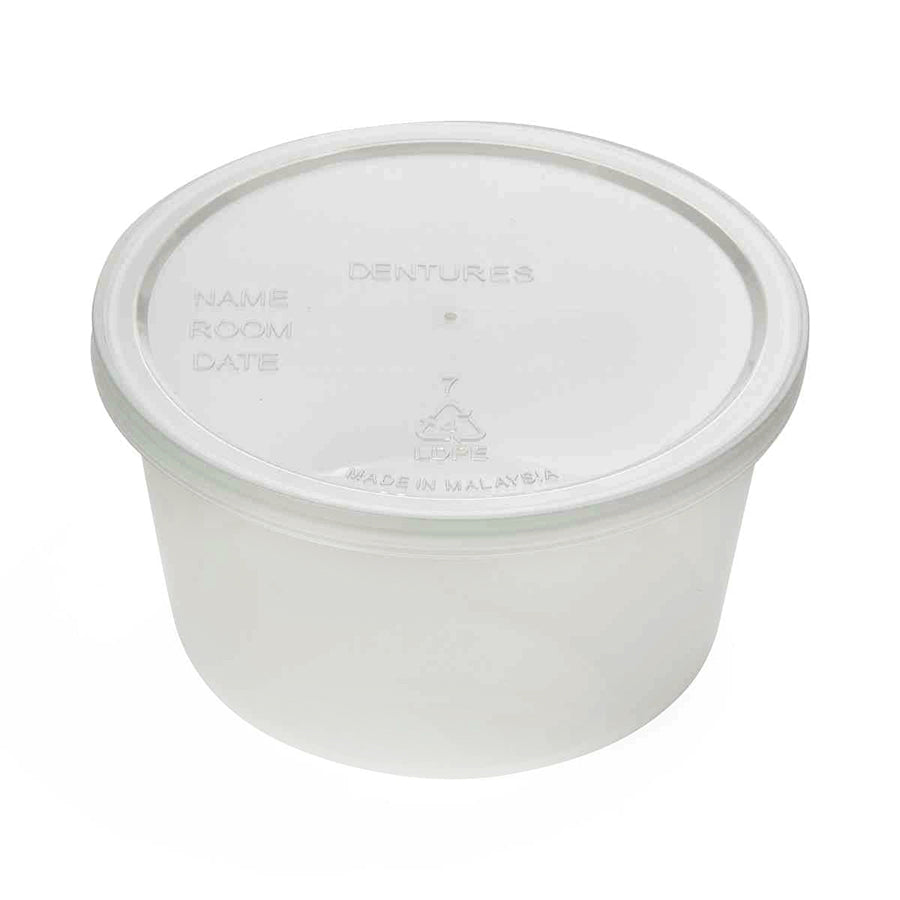 <h3>Features</h3><ul><li>Ideal for bedside storage</li><li>Clear plastic lid allows for easy identification of the container contents</li><li>Compatible with dentures, retainers, and mouth guards</li><li>Lid imprinted for labeling with Contents, patients name, room number and date</li></ul>