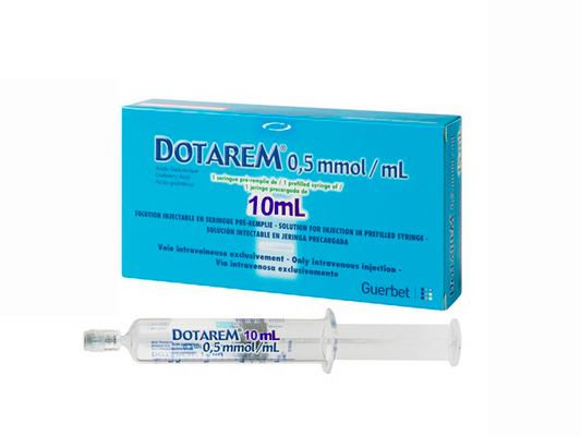 <p>10 x 10mL pre-filled syringes of Dotarem (gadoterate meglumine), a paramagnetic macrocyclic ionic contrast agent for intravenous use with magnetic resonance imaging (MRI).</p>