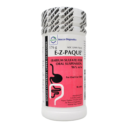 <p>Fruit flavored liquid E-Z PAQUE, a high density Barium Sulfate 96% oral powder contrast media for unit dose suspension (176g bottle). For routine upper GI examination.</p>