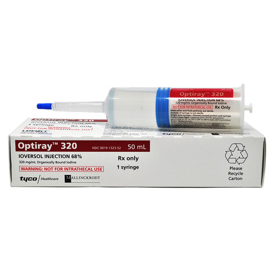 <p>20 x 100mL pre-filled power injector syringes of Optiray 320, a sterile, nonpyrogenic, aqueous solutions intended for intravascular administration as diagnostic radiopaque media contrast agent. This medicine contains&nbsp;iodine, a substance that absorbs x-rays. Contrast agents are used to allow blood vessels, organs, and other non-bony tissues to be seen more clearly on a CT scan or other radiologic (x-ray) examination.</p>