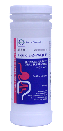 <p>Fruit flavored liquid E-Z PAQUE Barium Sulfate 60%, oral suspension for routine upper GI examination.</p>