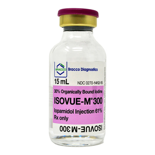 <p>10 x 15mL vials of Isovue-M 300 Iopamidol 61%, a radiopaque (RAY dee oh payk) contrast agent. This medicine contains iodine, a substance that absorbs x-rays. Radiopaque contrast agents are&nbsp;used&nbsp;to allow blood vessels, organs, and other non-bony tissues to be seen more clearly on a CT scan or other radiologic (x-ray) examination.</p>