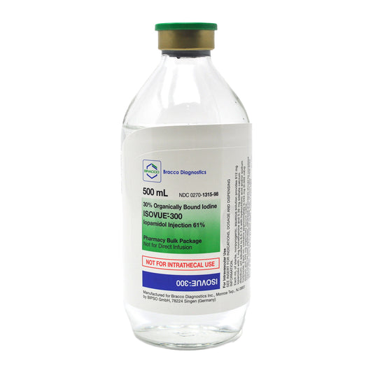 <p>6 x 500mL bottles of Isovue-300 Iopamidol 61%, a radiopaque (RAY dee oh payk) contrast agent. This medicine contains iodine, a substance that absorbs x-rays. Radiopaque contrast agents are&nbsp;used&nbsp;to allow blood vessels, organs, and other non-bony tissues to be seen more clearly on a CT scan or other radiologic (x-ray) examination.</p>