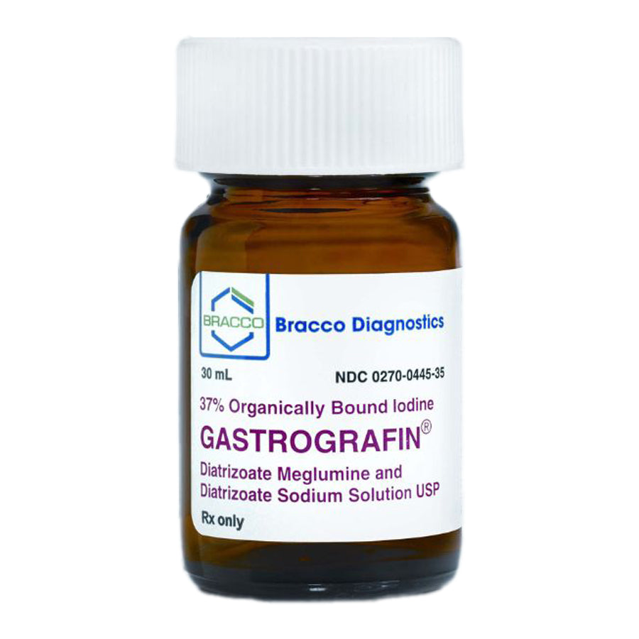 <p>24 x 30mL bottles of Gastrografin - Diatrizoate Meglumine / Diatrizoate Sodium 66% - is a palatable lemon-flavored, water-soluble iodinated radiopaque contrast medium for oral or rectal administration used for radiographic examination of segments of the gastrointestinal tract and as an adjunct to contrast enhancement in CT of the torso.</p>