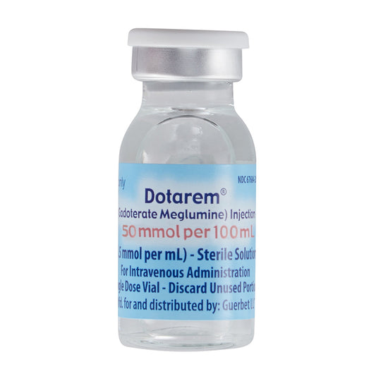 <p>6 x 100mL vials of Dotarem (gadoterate meglumine), a paramagnetic macrocyclic ionic contrast agent for intravenous use with magnetic resonance imaging (MRI).</p>