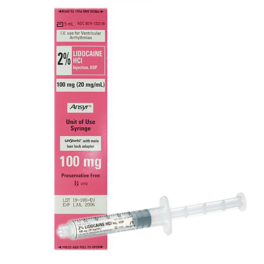 Features<li>Manufacturer: Pfizer.</li><li>Application: Antiarrhythmic Agent.</li><li>Container Type: Prefilled Syringe.</li><li>Dosage Form: Injection.</li><li>Generic Drug Name: Lidocaine HCl, Preservative Free.</li><li>NDC Numbe: 00409132305.</li><li>Strength: 2%, 20 mg / mL.</li><li>Type: Intravenous.</li><li>Volume: 5 mL.</li><li>Latex Free Indicator: Not Made with Natural Rubber Latex.</li>
