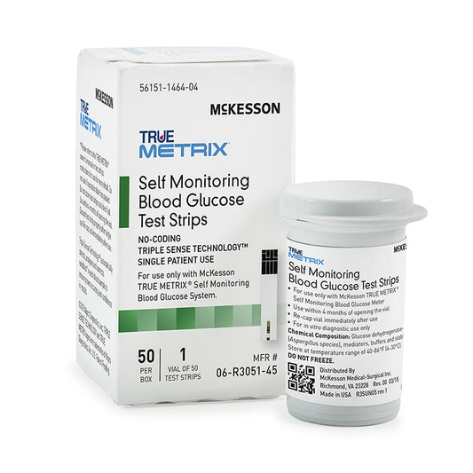 For use with #06-RE4051-43 McKesson TRUE METRIX® Self-Monitoring System, and #06-R5051-1, #06-R5051-2 and #06-R5051-3 McKesson TRUE METRIX® Controls. Includes Test Strips and Instructions for Use. Not Made with Natural Rubber Latex.