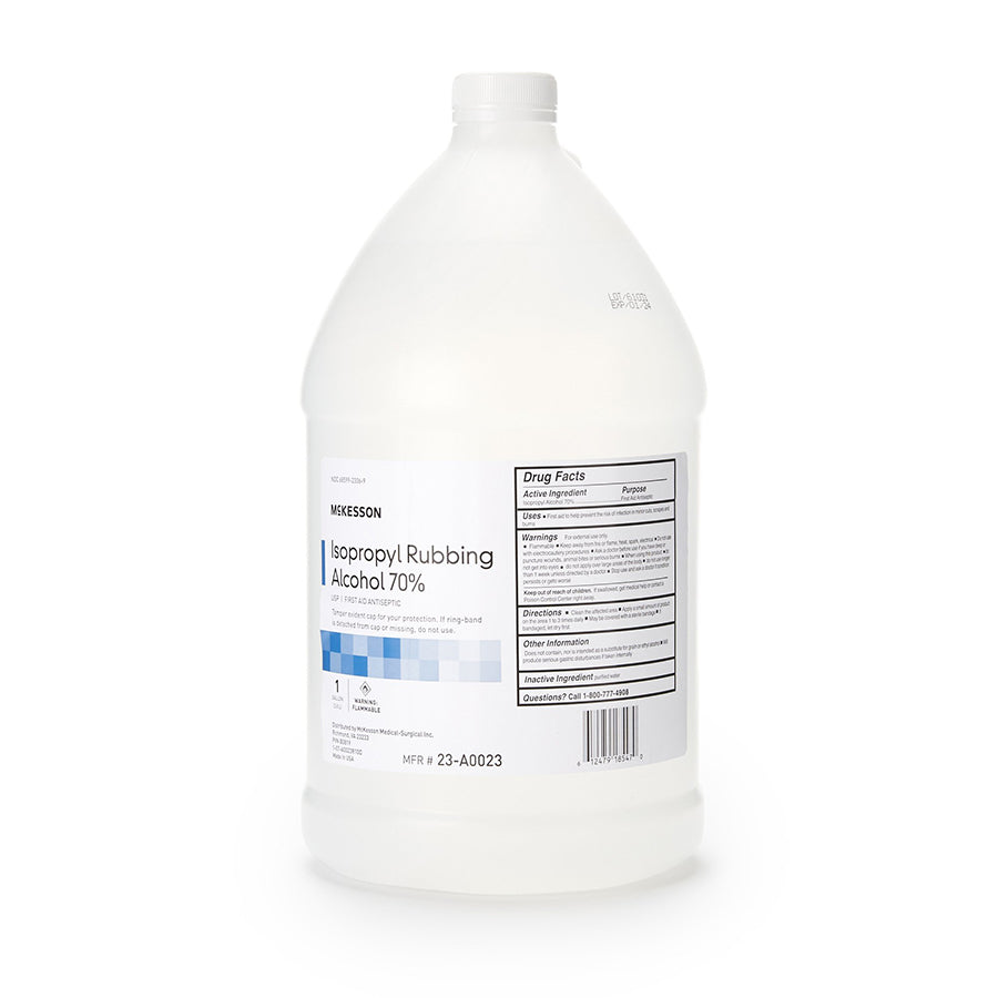 <h6 id="features">Features</h6><ul class="product-features"><li>McKesson Isopropyl Rubbing Alcohol 70%</li><li>1 Gallon (3.8 L)</li><li>USP</li><li>First Aid Antiseptic</li><li>Not made with natural rubber latex.</li></ul>