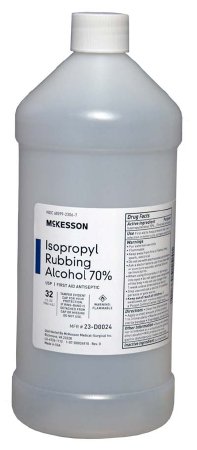 ALCOHOL SOLUTION 70% 32oz.            <br>McKesson Isopropyl Rubbing Alcohol 70%<br>32 fl oz<br>946 ml<br>USP<br>First Aid Antiseptic<br>Not Made With Natural Rubber Latex.