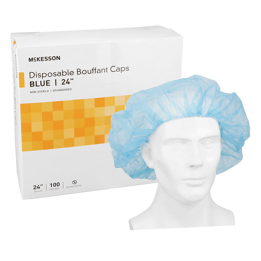 <p>Blue 24&rdquo; elastic bouffant cap for use as O.R. head covering. Made of lightweight, but durable, spunbonded fabric for fuller hairstyles that permits increased airflow, keeping the wearer cool and comfortable during long surgical procedures. Single use and disposable.</p>