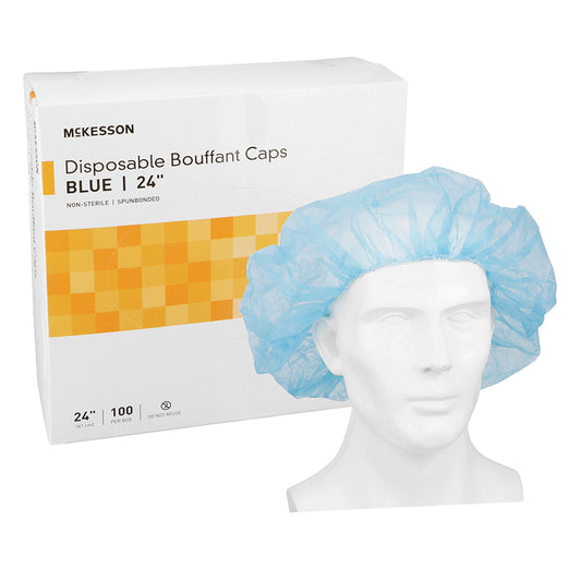 <p>Blue 24&rdquo; elastic bouffant cap for use as O.R. head covering. Made of lightweight, but durable, spunbonded fabric for fuller hairstyles that permits increased airflow, keeping the wearer cool and comfortable during long surgical procedures. Single use and disposable.</p>