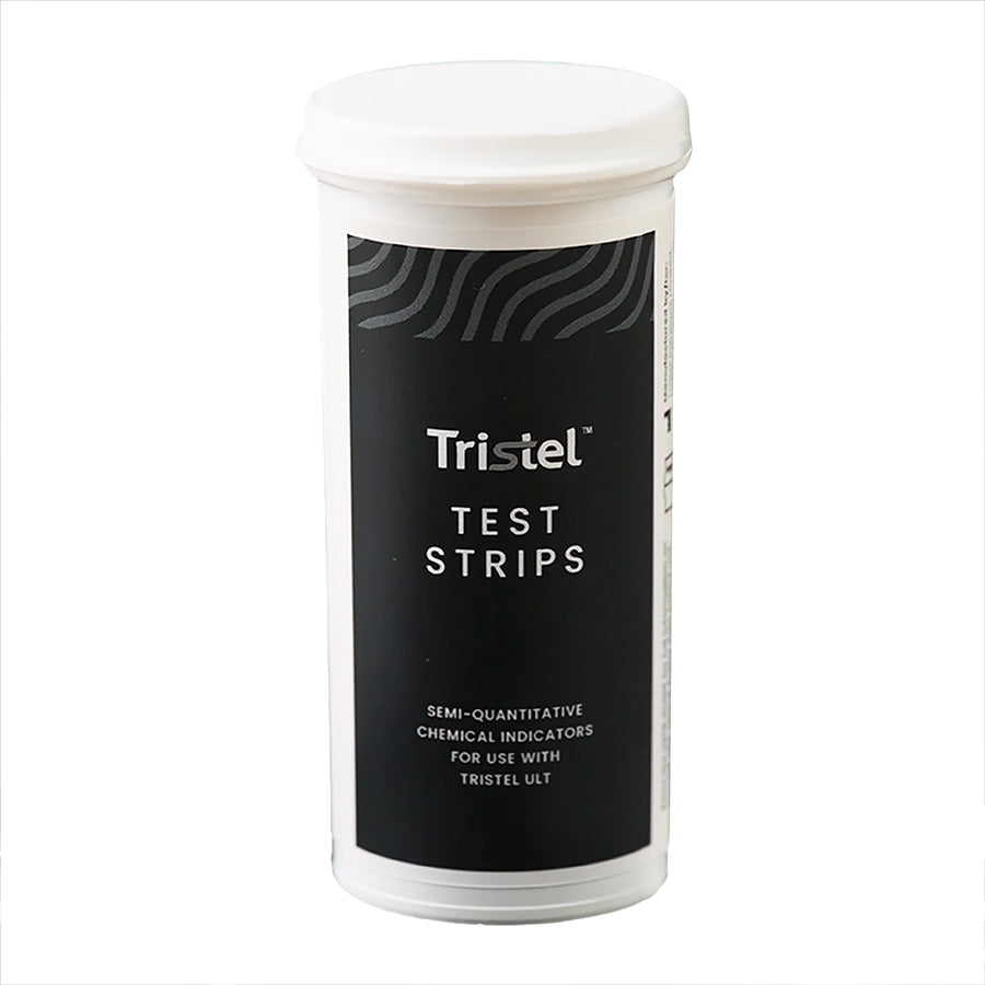 Features<li>Vial of 50 Test strips and user guide.</li><li>Semi-quantitative chemical indicators for use with Tristel ULT.</li><li>Test strip indicator pad color will change from light yellow to green when chloride dioxide concentration is sufficient.</li><li>Reagent pad at end of test strip is composed of paper impregnated with 3,5,3',5'-tetramethylbenzidine, a reactive agent.</li>