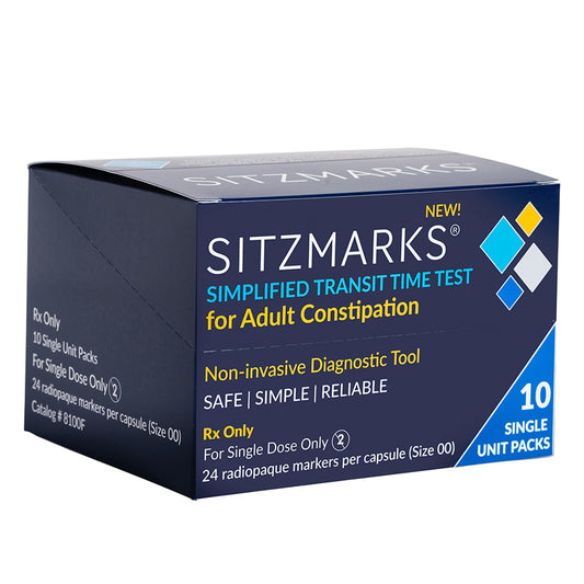 <h6 id="features">Features</h6><ul class="product-features"><li>Sitzmarks&reg; Transit Time Test for Constipation</li><li>Sitzmarks is a colonic transit diagnostic test that helps physicians select the best therapeutic option for adult patients with severe constipation who have otherwise negative GI evaluations</li><li>The Sitzmarks test can help physicians diagnose hypomotility, colonic inertia and functional outlet obstruction</li><li>Oral Capsule Packet 10 Capsules</li></ul>