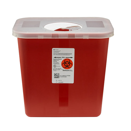 SharpSafety Sharps 10H x 10.5W x 7-1/4D inch 2 gallon red container with rotor lid.