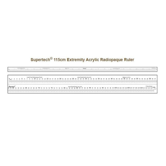 Features<li>The 115cm extremity radiopaque acrylic ruler is the ruler of choice for the orthopedic medicine doctors and technicians.</li><li>Supertech® radiopaque rulers are lead-free and are safe for skin contact.</li>