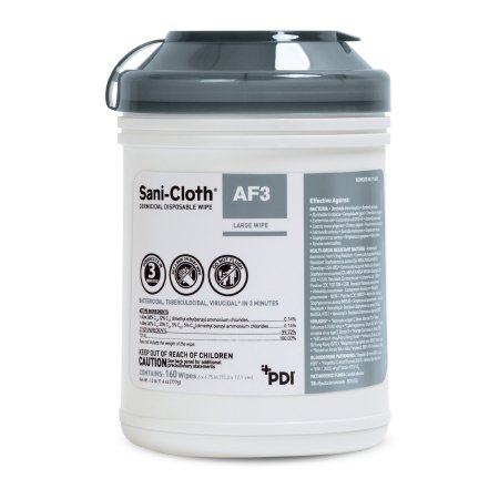 Sani-Cloth surface disinfectant AF3 germicidal wipes are alcohol and fragrance free formula is ideal for use around patients, residents and staff, especially for those with respiratory sensitivities. AF3 germicidal wipes are effective bactericidal, tuberculocidal, viricidal against 45 microorganisms in 3 minutes.