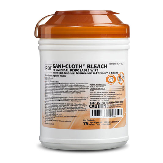 <p>SANI-CLOTH WIPE BLEACH 75/CN <br />Sani-Cloth&reg; Bleach Surface Disinfectant Cleaner Germicidal Wipe 75 Count Canister <br />WIPE, SANICLOTH BLEACH GERMICIDAL (75/CN 12CN/CS) <br /><strong>Features</strong> <br />Ideal for disinfecting high risk areas endemic with Clostridium difficile spores and Norovirus <br />Effective against 50 microorganisms in 4 minutes <br />Bactericidal, Fungicidal, Tuberculocidal, Virucidal <br />Multi-count canister accommodates frequent usage <br />Contains 75 wipes</p>