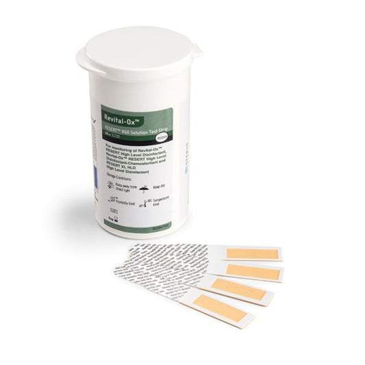Features<li>The Revital-Ox® RESERT® R60 Solution Test Strip is a chemical indicator designed exclusively to determine whether hydrogen peroxide, the active ingredient in RESERT High Level Disinfectant Solutions, is above the minimum recommended concentration (MRC) of 1.5%.</li>