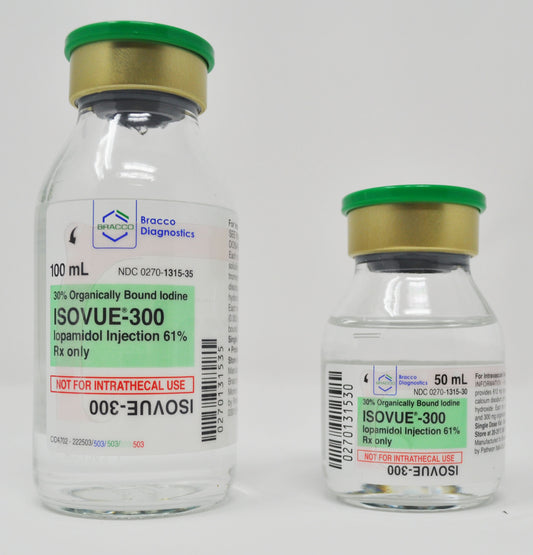 <p>10 x 30mL vials of Isovue-300 Iopamidol 61%, a radiopaque (RAY dee oh payk) contrast agent. This medicine contains iodine, a substance that absorbs x-rays. Radiopaque contrast agents are&nbsp;used&nbsp;to allow blood vessels, organs, and other non-bony tissues to be seen more clearly on a CT scan or other radiologic (x-ray) examination.</p>