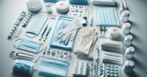 Blue surgical masks, gloves, syringes and vials