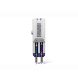Dual syringe pump with blue and purple cartridges